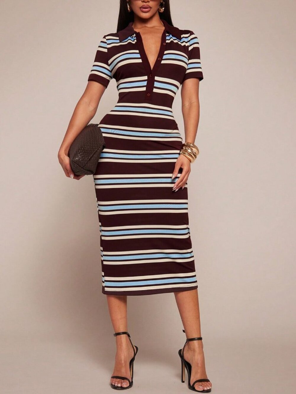 Multicolor Casual Women's Striped Short Sleeve Polo Collar Dress